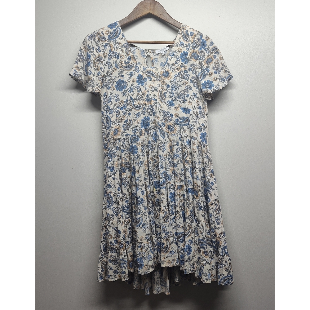 Patrons Of Peace Mini Dress Women Size XS Cream Blue Floral Ruffle Short Sleeve
